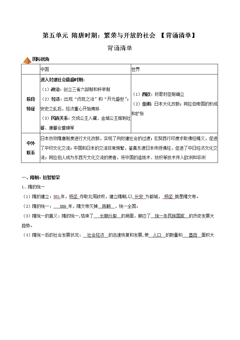 初中历史中考复习 专题05  隋唐时期：繁荣与开放的时代（背诵清单）第1页