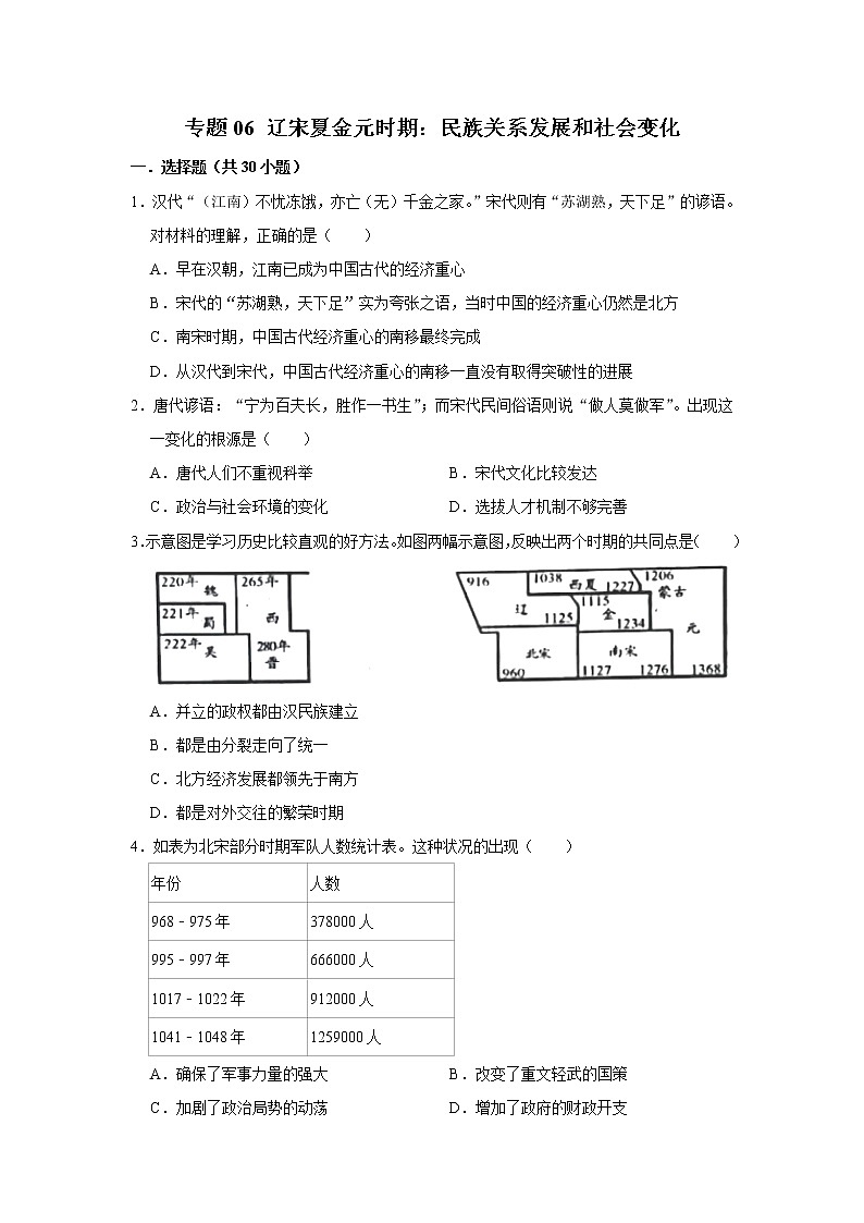 初中历史中考复习 专题06 辽宋夏金元时期：民族关系发展和社会变化（原卷版）第1页