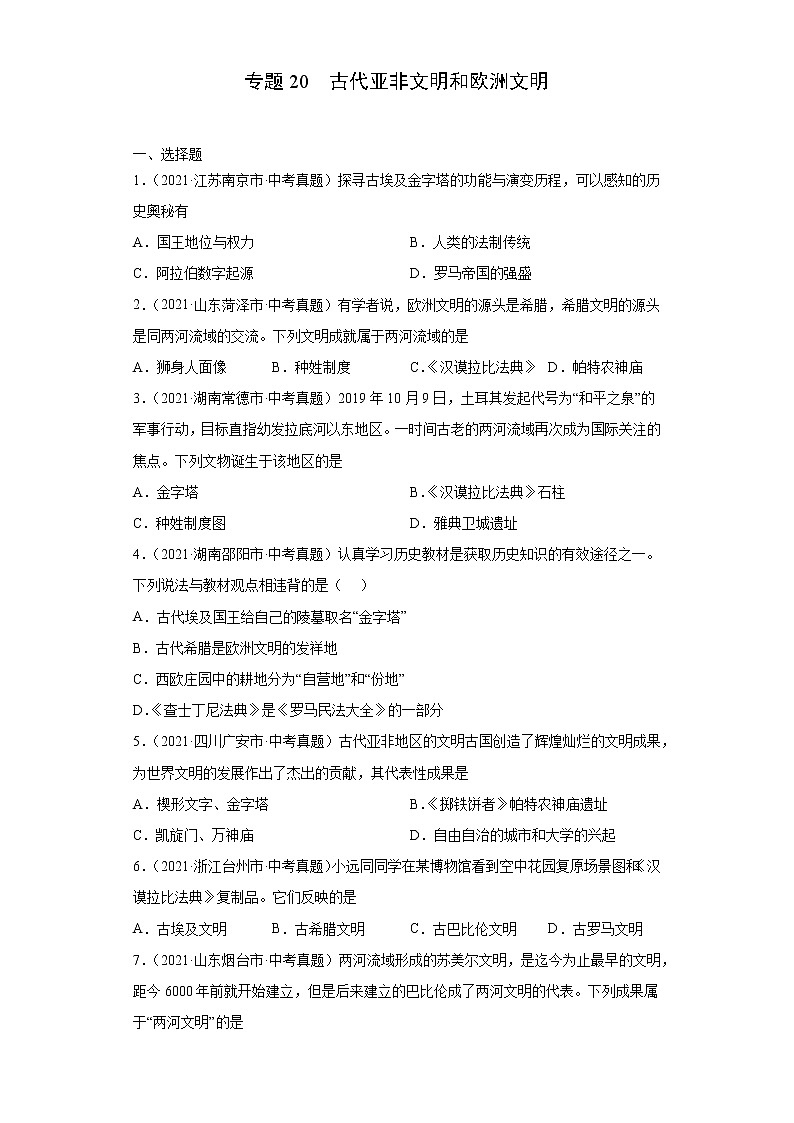 初中历史中考复习 专题20  古代亚非文明和欧洲文明（第01期）（原卷版）第1页
