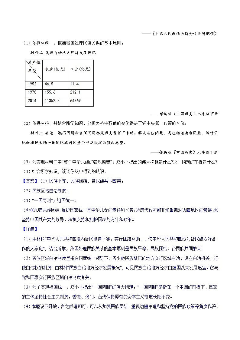 初中历史中考复习 专题21 民族团结与祖国统一（背诵清单+对点训练）（教师版）03