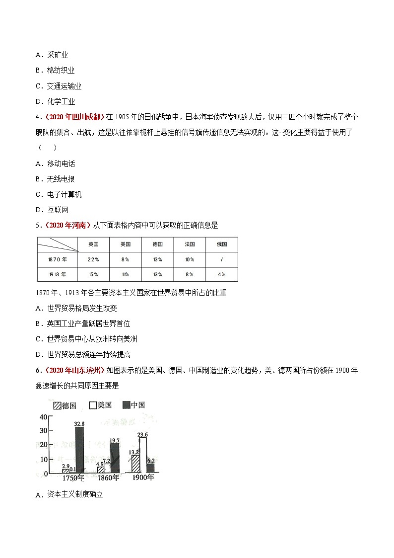 初中历史中考复习 专题24 工业革命（第01期）-2020年中考历史真题分项汇编（原卷版）第3页