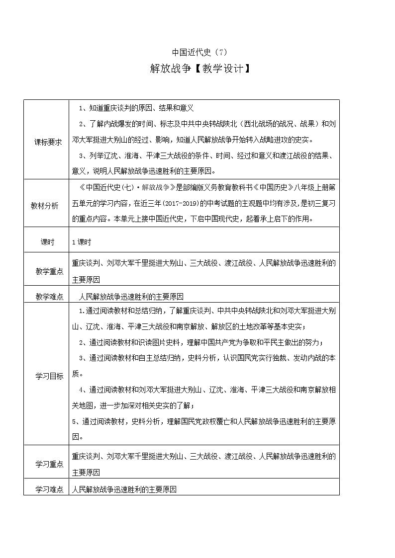 初中历史中考复习 专题07 人民解放战争01