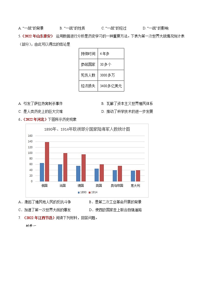 初中历史中考复习 专题27 第一次世界大战和战后初期的世界（第01期）-2022年中考历史真题分项汇编（全国通用）（原卷版）第2页