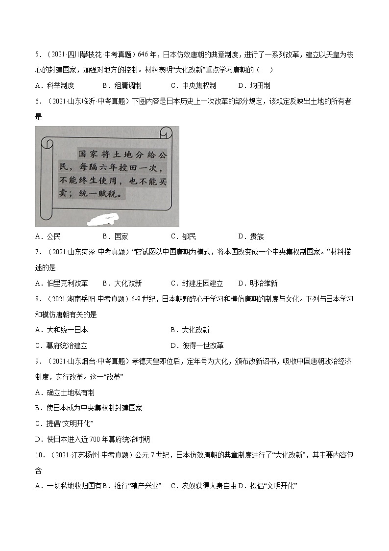 初中历史中考复习 专题28 封建时代的亚洲国家（原卷版）第2页