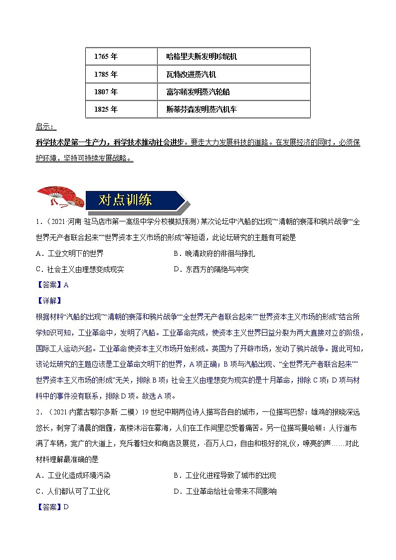 初中历史中考复习 专题31 工业革命和国际共产主义运动的兴起（教师版）第2页