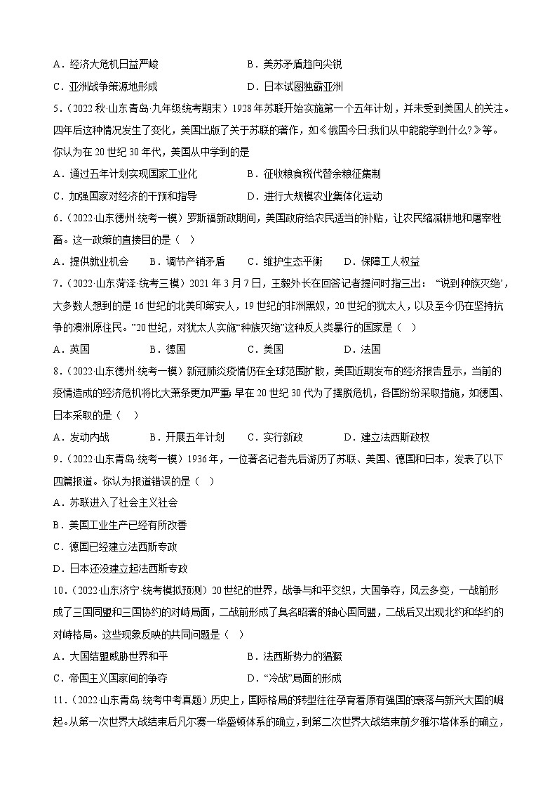 山东省2023年中考备考历史一轮复习经济大危机和第二次世界大战 练习题第2页