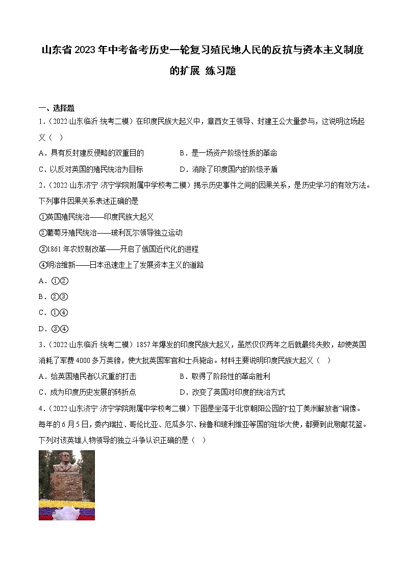 山东省2023年中考备考历史一轮复习殖民地人民的反抗与资本主义制度的扩展 练习题第1页