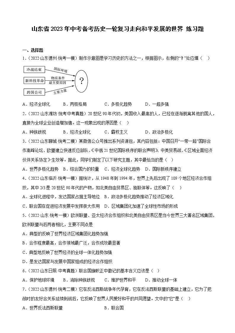 山东省2023年中考备考历史一轮复习走向和平发展的世界 练习题第1页