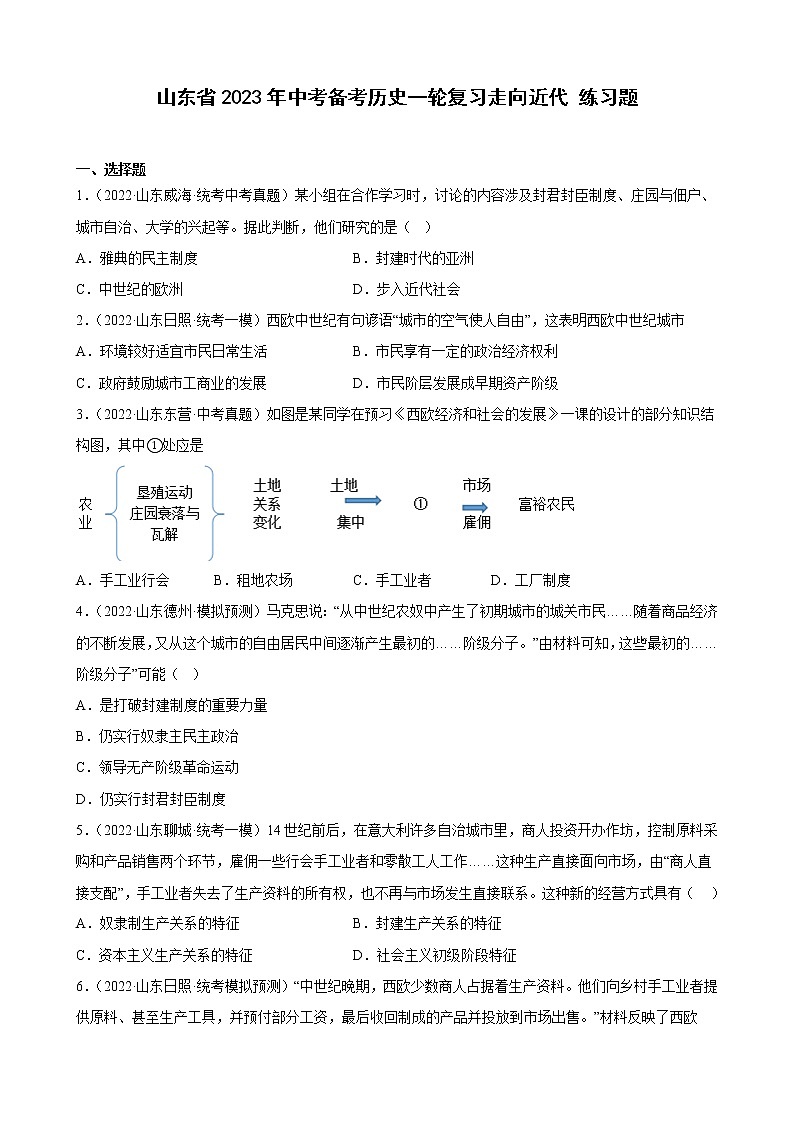 山东省2023年中考备考历史一轮复习走向近代 练习题第1页