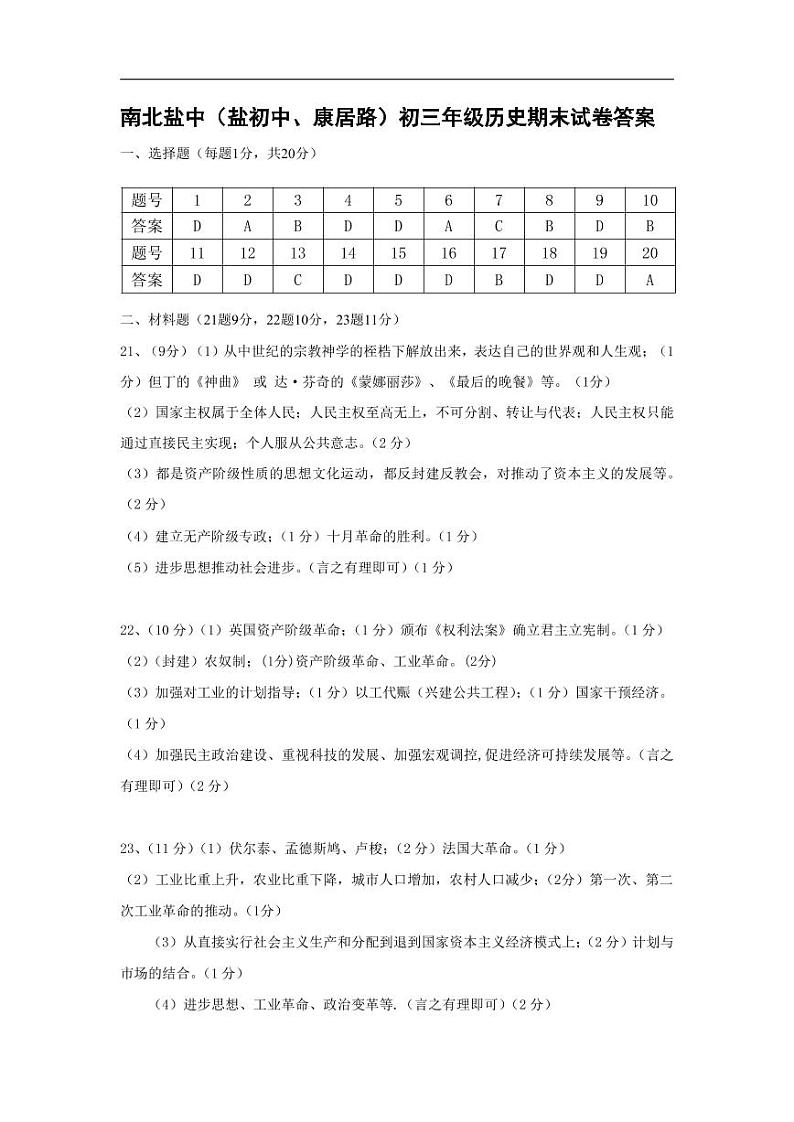 江苏省盐城市初级中学（南北校区）2022-2023学年九年级上学期历史期末 试卷01