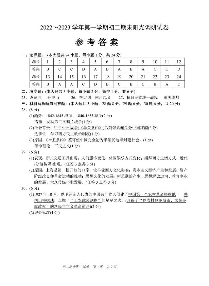 初二历史参考答案第1页