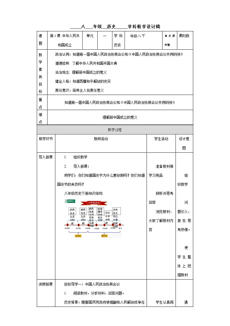 第1课 中华人民共和国成立核心素养教案  人教部编版八年级历史下册01