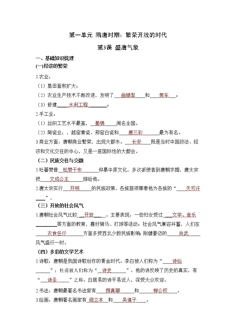 人教部编版历史七年级下册同步试题汇编 第3课 盛唐气象 课前练习（含答案解析）01