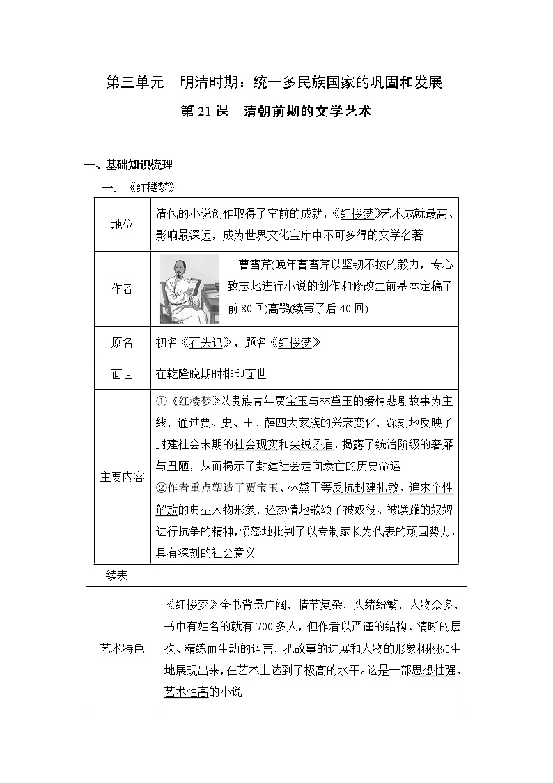 人教部编版历史七年级下册同步试题汇编 第21课  清朝前期的文学艺术 课前练习（含答案解析）01