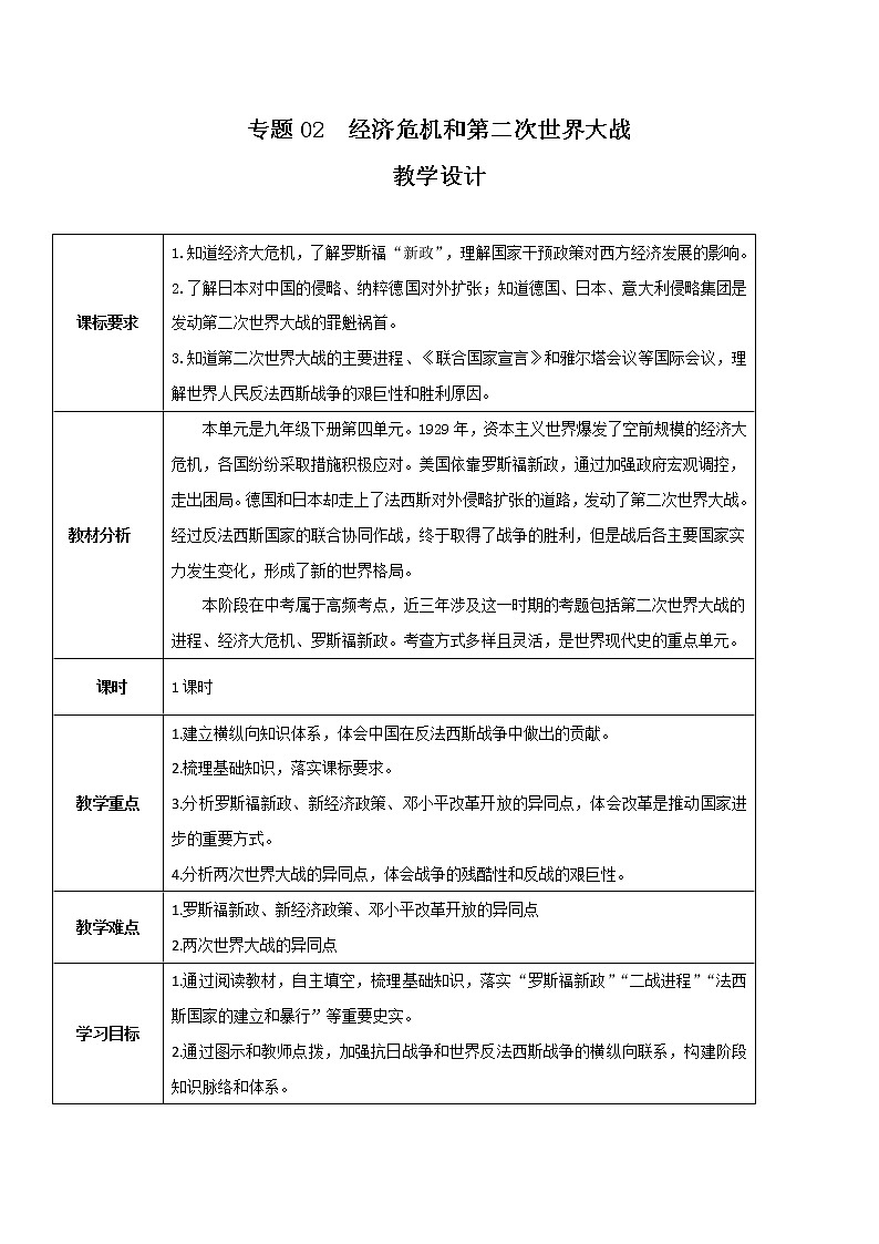 专题02 经济危机和第二次世界大战（教学设计）-中考历史一轮复习部编版）第1页