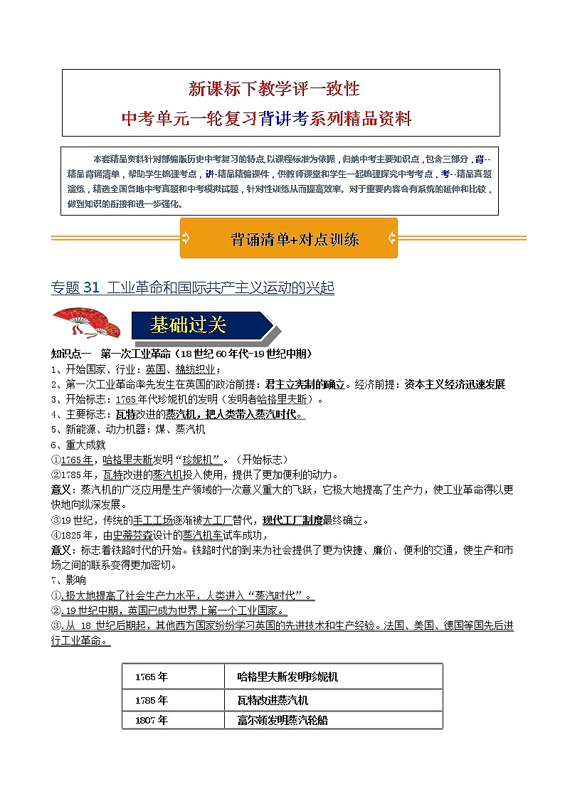 【中考一轮复习】中考历史一轮复习背诵+精讲+讲练：专题31《工业革命和国际共产主义运动的兴起》（精品课件+背诵清单+试题演练+真题演练）01