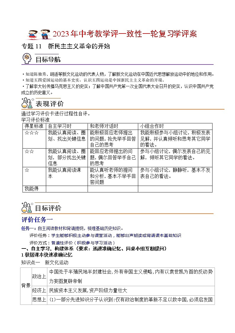 【备考2023】中考历史一轮复习：专题11《  新民主主义革命的开始》（八上）（精品课件+学评案）01