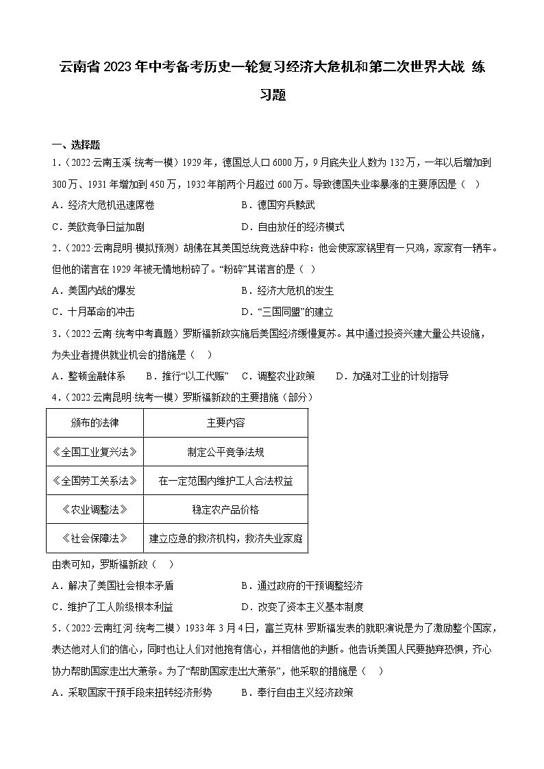 云南省2023年中考备考历史一轮复习经济大危机和第二次世界大战 练习题第1页