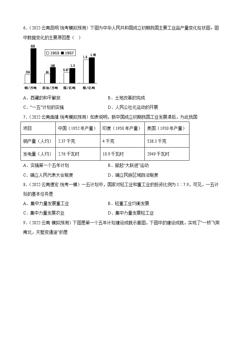 云南省2023年中考备考历史一轮复习社会主义制度的建立和社会主义建设的探索 练习题02