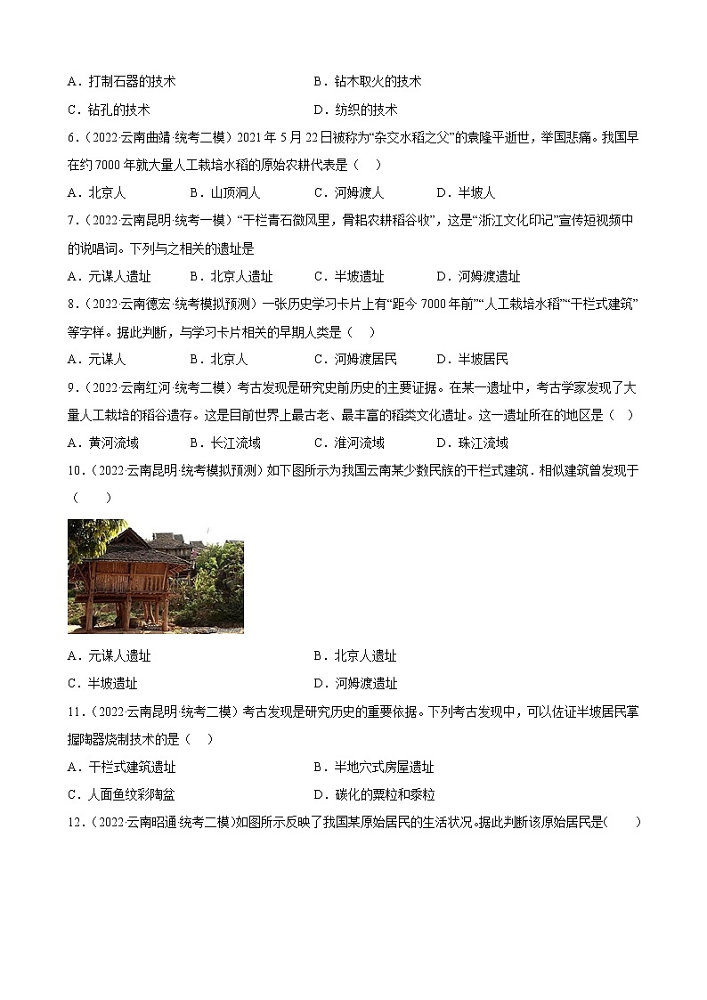 云南省2023年中考备考历史一轮复习史前时期：中国境内早期人类与文明的起源 练习题02