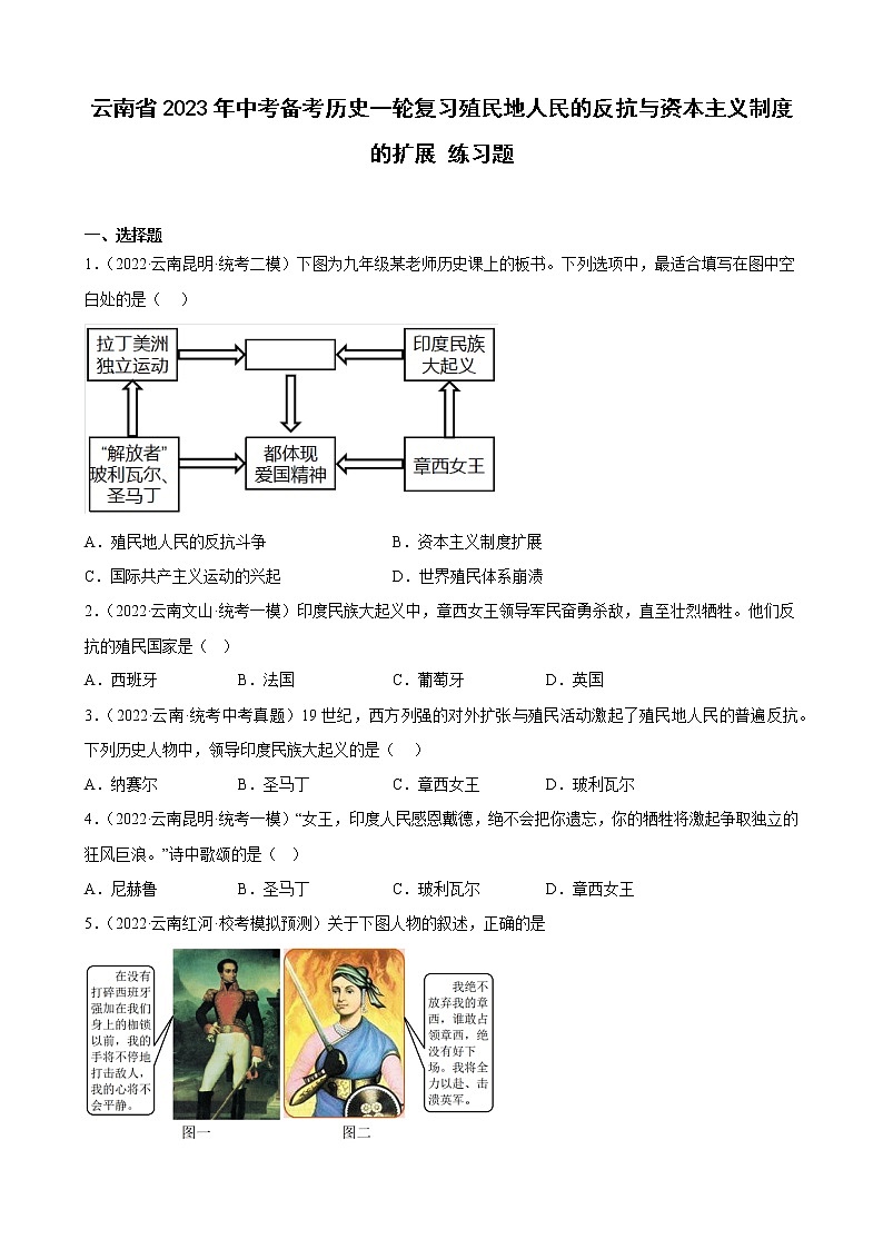 云南省2023年中考备考历史一轮复习殖民地人民的反抗与资本主义制度的扩展 练习题第1页