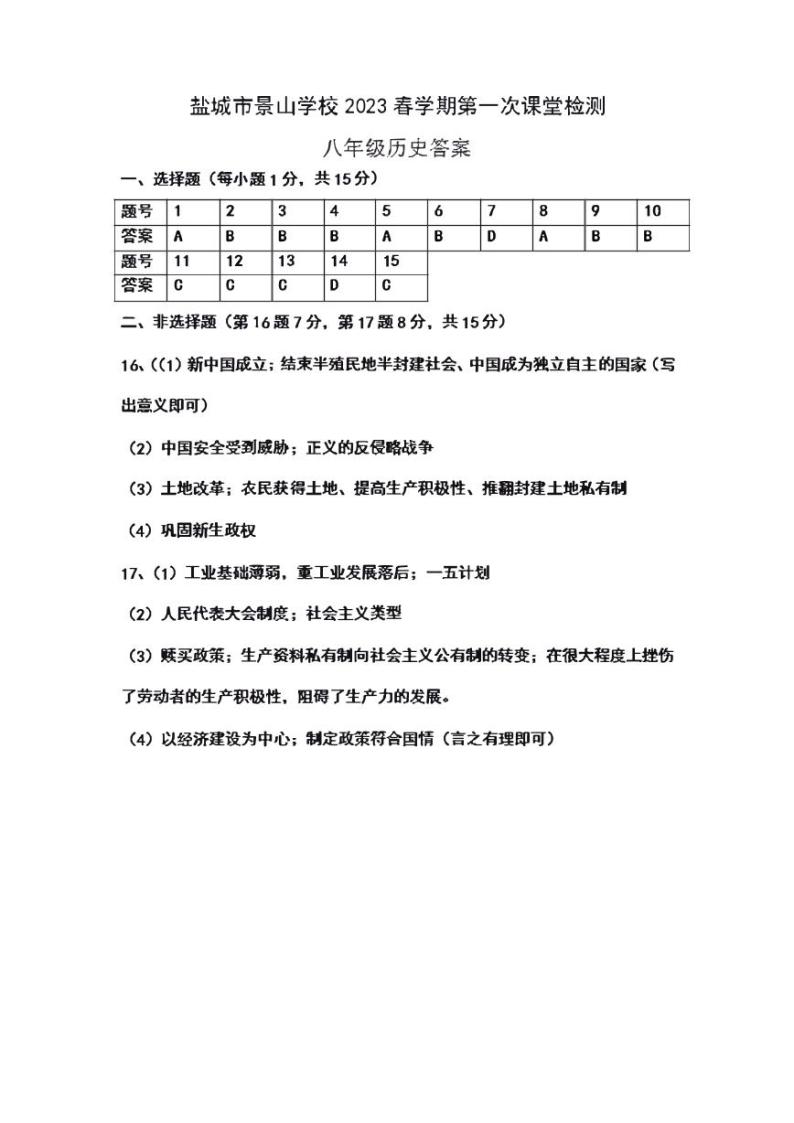 江苏省盐城市景山中学 2022-2023学年八年级下学期第一次课堂检测（月考）历史试卷01