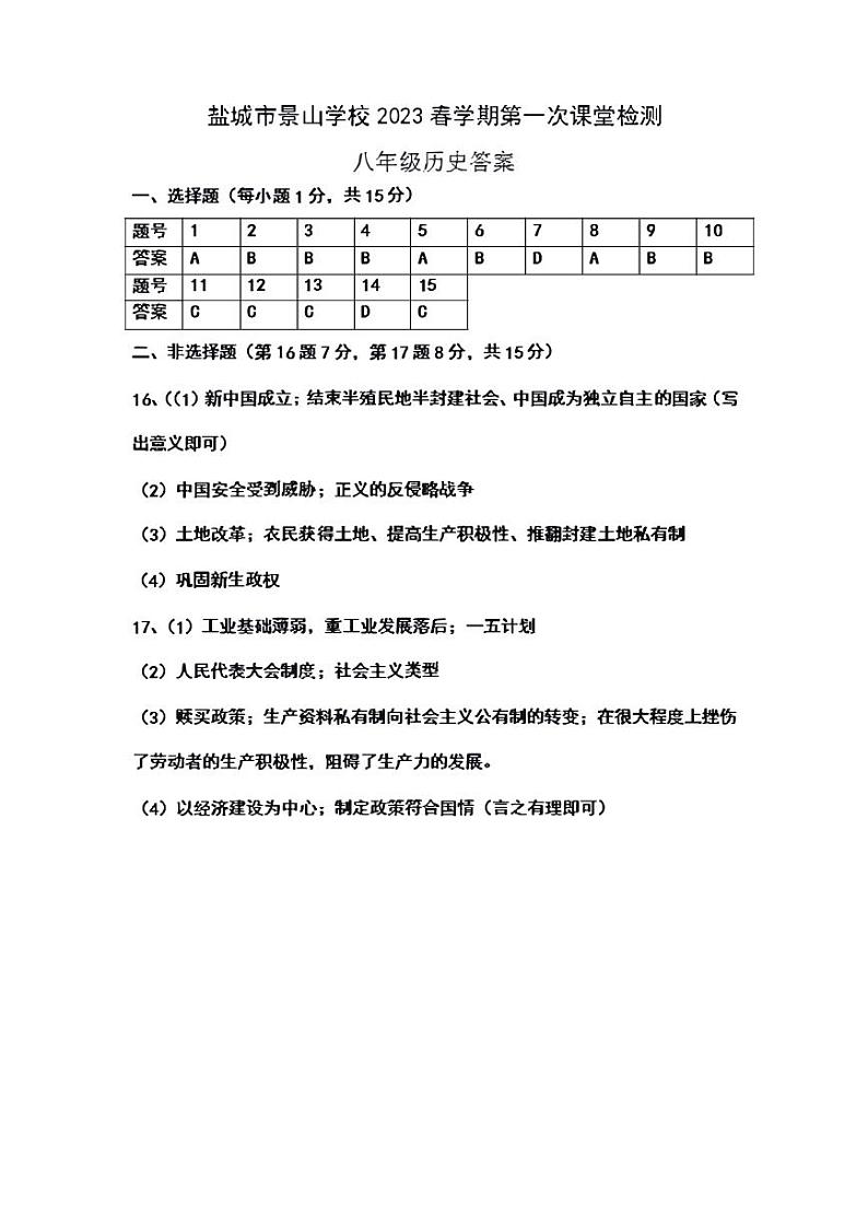 江苏省盐城市景山中学 2022-2023学年八年级下学期第一次课堂检测（月考）历史试卷01