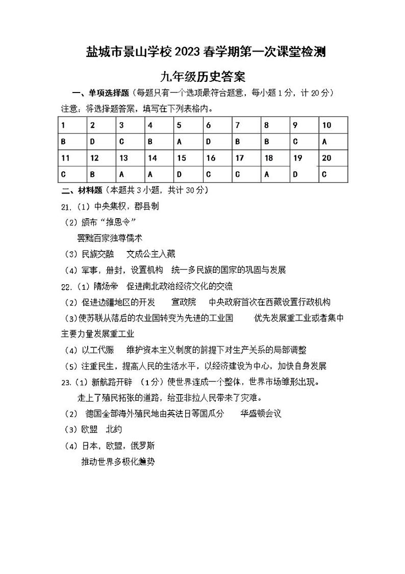 江苏省盐城市景山中学 2022-2023学年九年级下学期第一次课堂检测（月考）历史试卷01