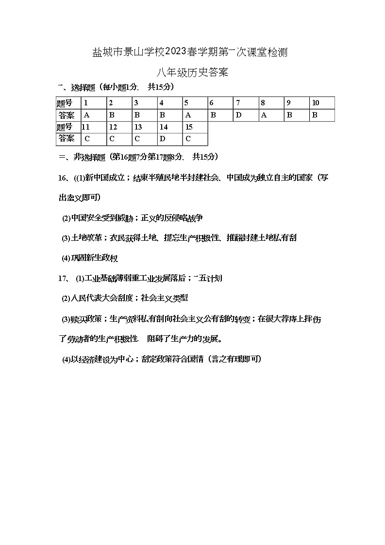 江苏省盐城市景山中学 2022-2023学年八年级下学期第一次课堂检测（月考）历史试卷（Word版含答案）01