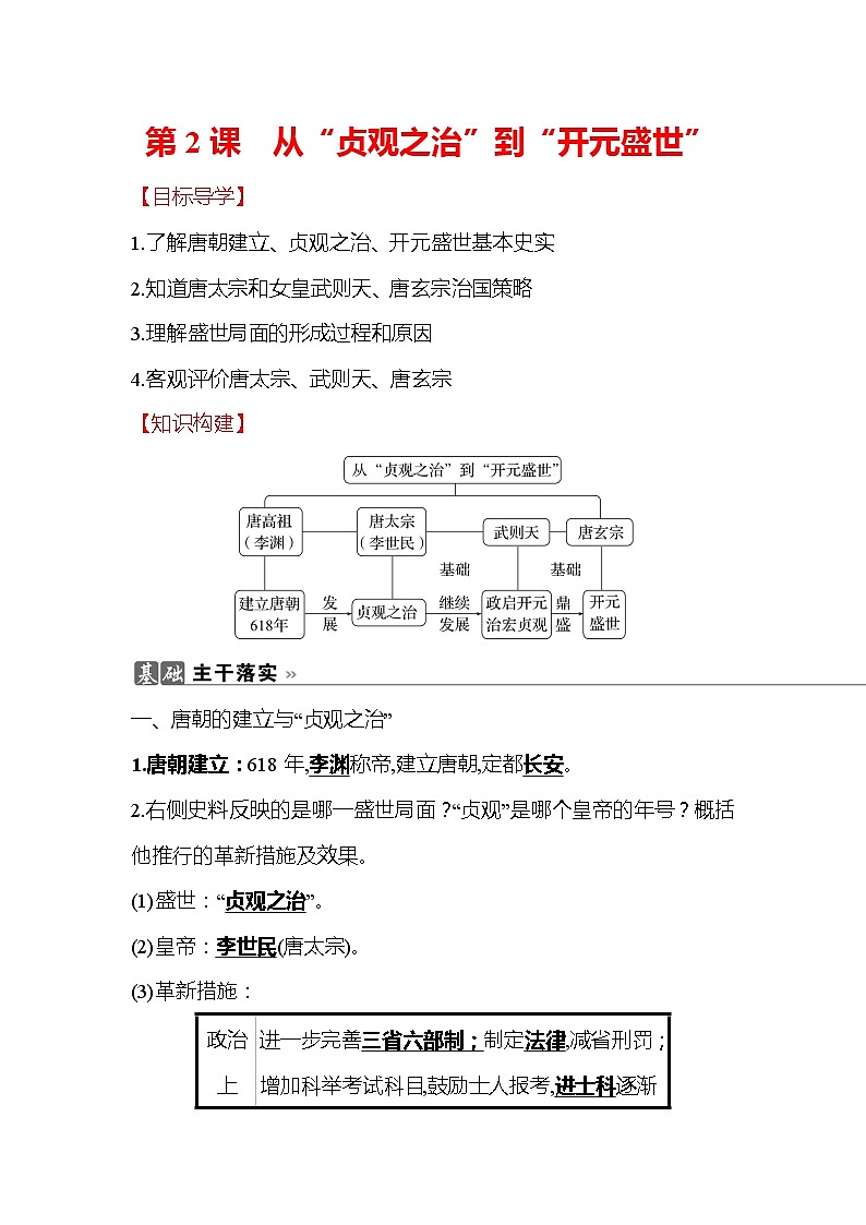 初中历史统编七下第一单元第2课从”贞观之治“到”开元盛世“知识要点导学学案01