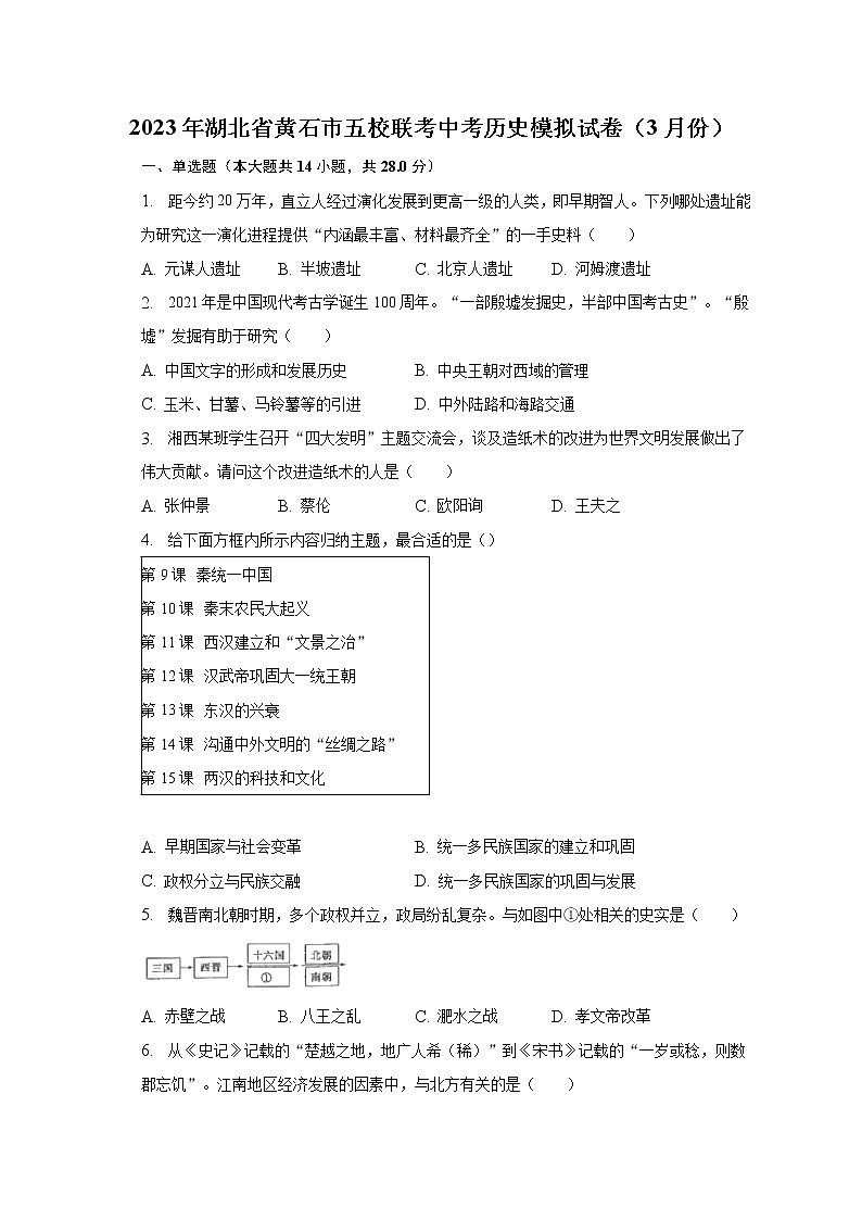 2023年湖北省黄石市五校联考中考历史模拟试卷（3月份）（含解析）01