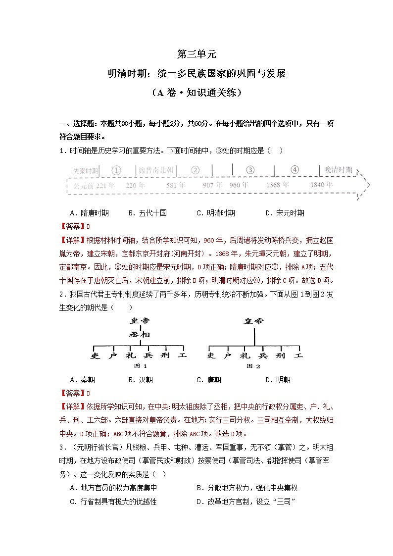 第三单元  明清时期：统一多民族国家的巩固与发展（基础卷）（解析版）第1页