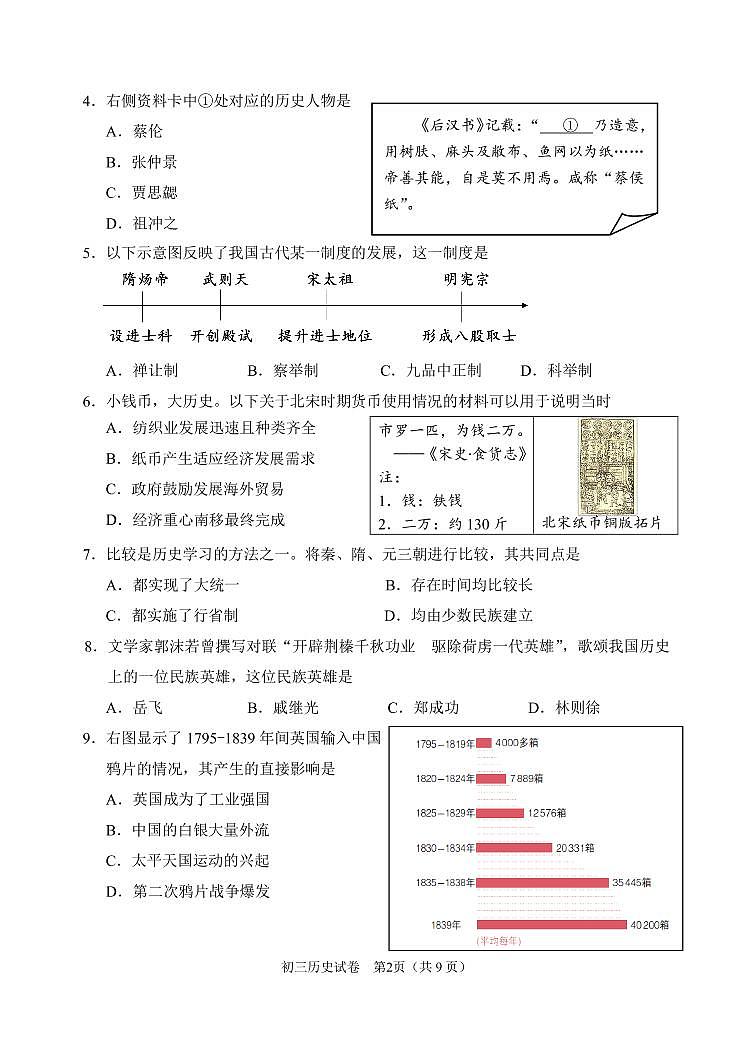 2023年北京市石景山区初三上学期期末历史试题及答案02
