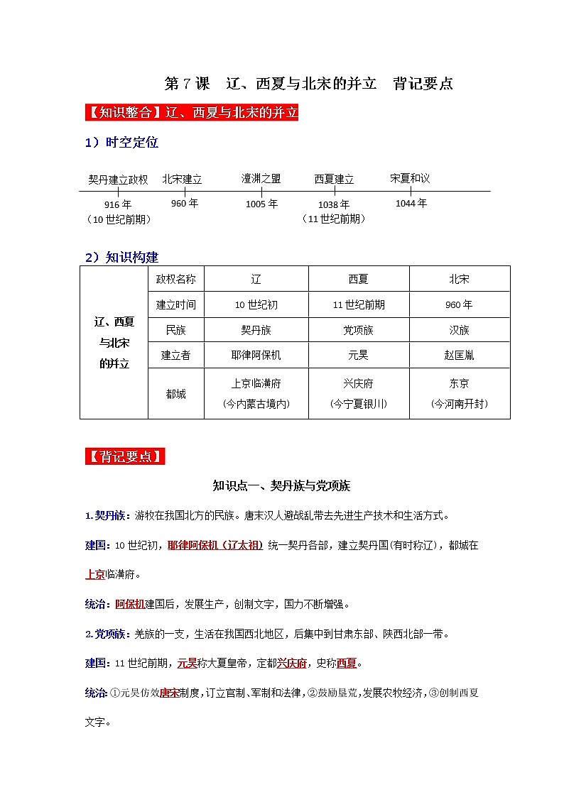部编版七年级历史下册第7课  辽、西夏与北宋的并立 课件（含视频）+教案+素材+背记要点清单+同步分层作业含解析卷01