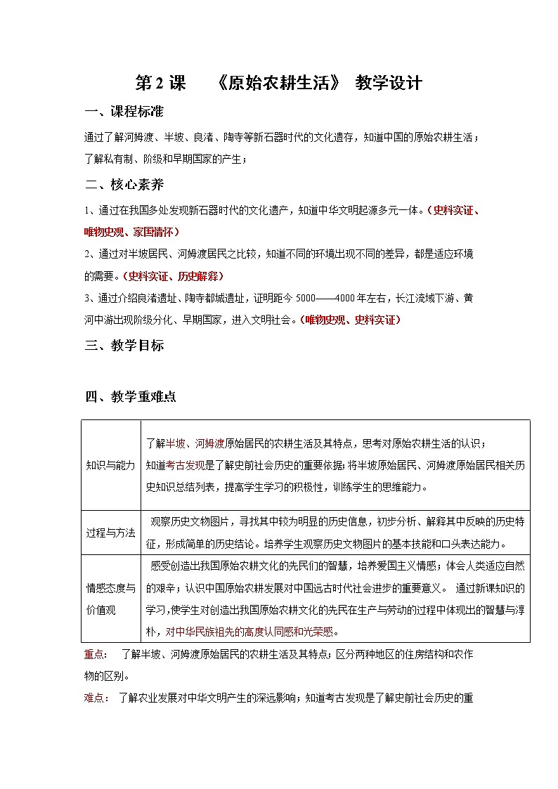 部编版七年级历史上册第2课  原始农耕生活 课件（含视频）+教案+素材+背记要点清单+同步分层作业含解析卷01