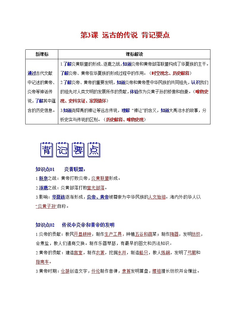 部编版七年级历史上册第3课  远古的传说  课件（含视频）+教案+素材+背记要点清单+同步分层作业含解析卷01