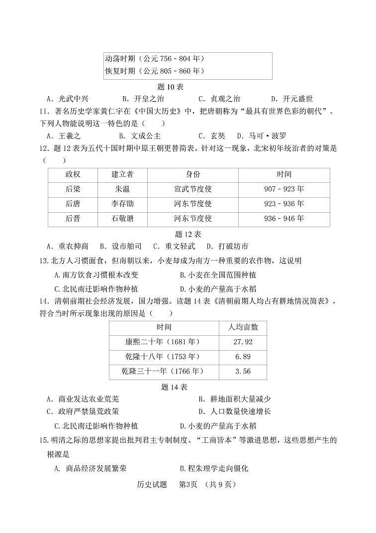 2023年广东省佛山市初中历史学业水平考试一模历史试卷（无答案）03