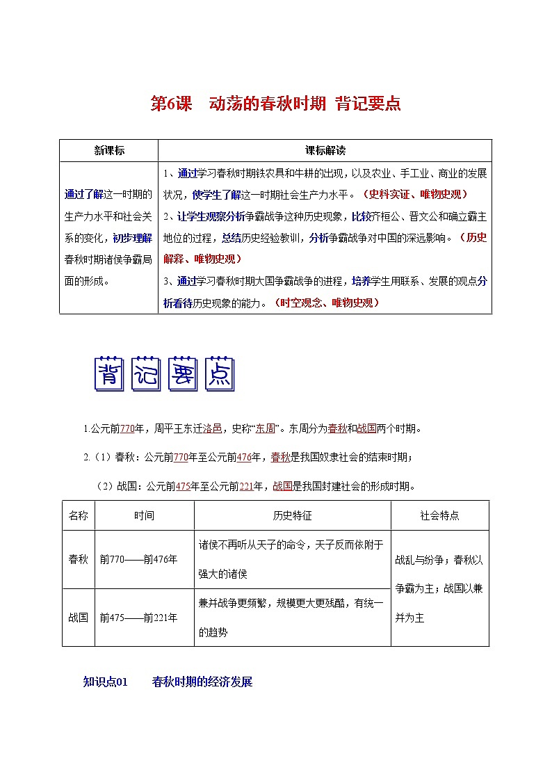 部编版七年级历史上册第6课  动荡的春秋时期 课件（含视频）+教案+素材+背记要点清单+同步分层作业含解析卷01