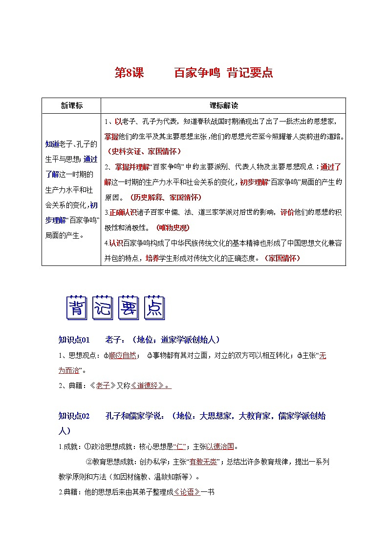 第8课 百家争鸣 背记要点清单第1页