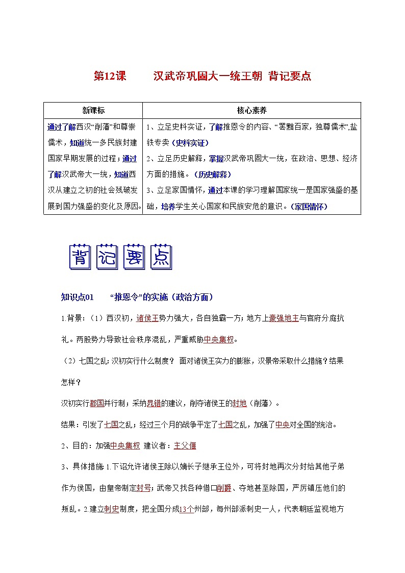 部编版七年级历史上册第12课  汉武帝巩固大一统王朝 课件（含视频）+教案+素材+背记要点清单+同步分层作业含解析卷01