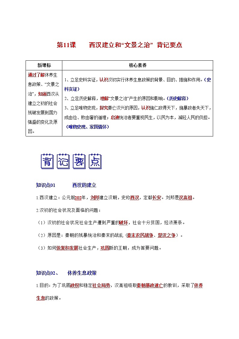 部编版七年级历史上册第11课  西汉建立和“文景之治” 课件（含视频）+教案+素材+背记要点清单+同步分层作业含解析卷01
