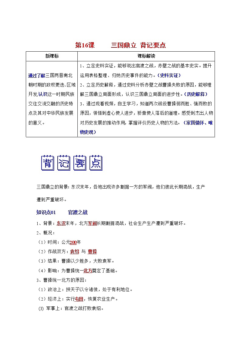 部编版七年级历史上册第16课  三国鼎立 课件（含视频）+教案+素材+背记要点清单+同步分层作业含解析卷01