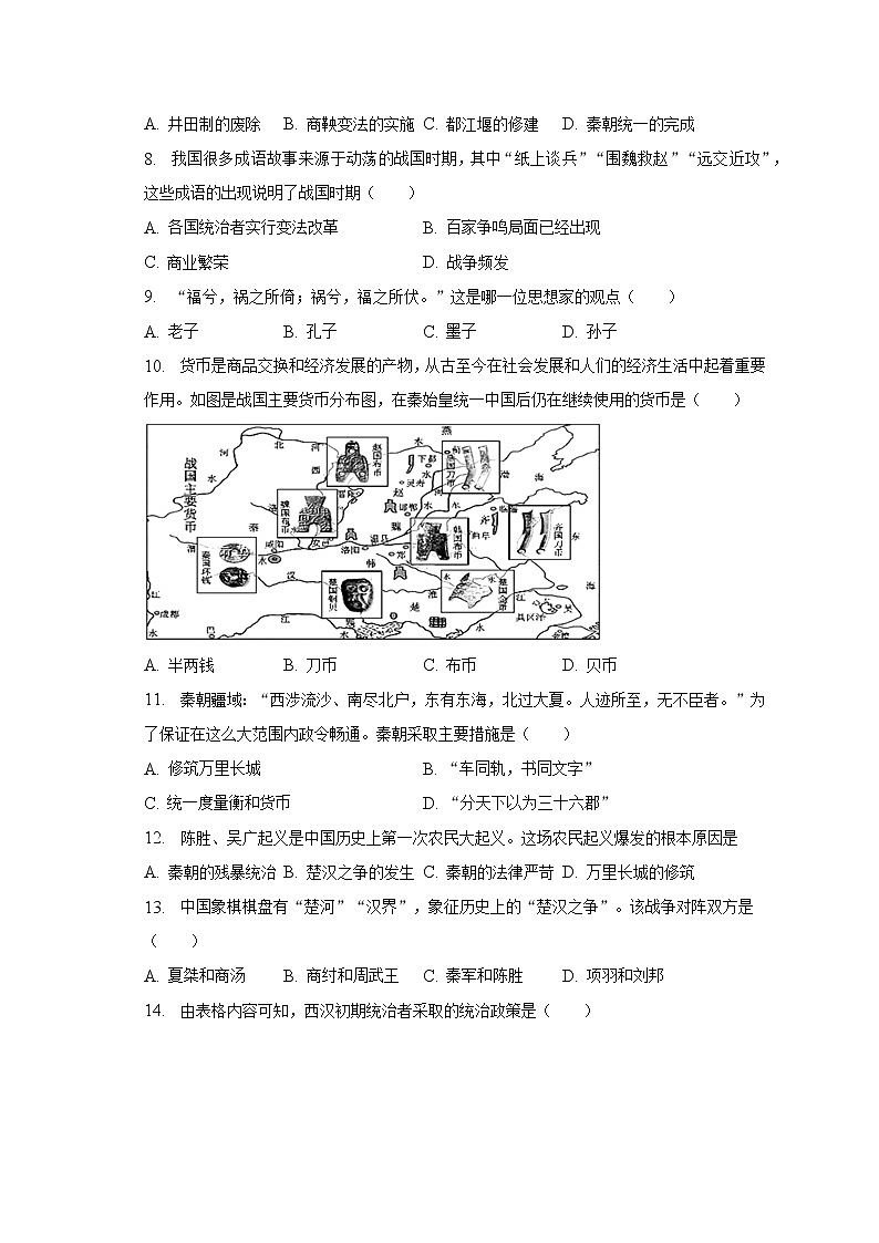 2022-2023学年四川省成都市彭州市七年级（上）期末历史试卷（含解析）02
