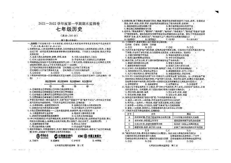 贵州省毕节市大方县四校2021-2022学年七年级上学期期末监测历史试卷（扫描版，无答案）第1页