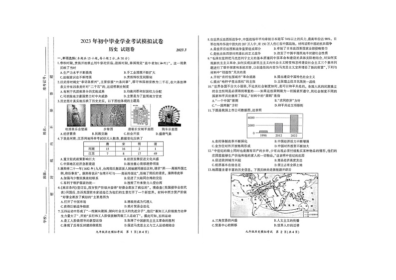 2023年安徽省合肥市瑶海区中考一模历史试题第1页
