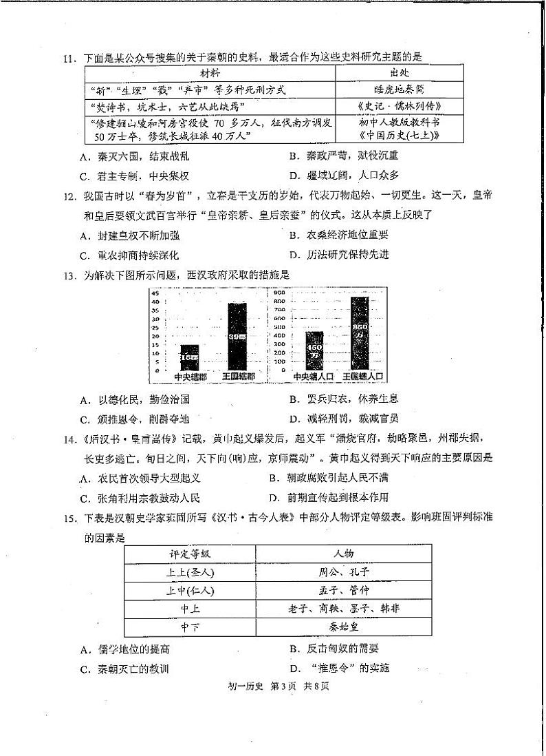 苏州市2022-2023学年第一学期初一历史期末阳光调研试卷第3页