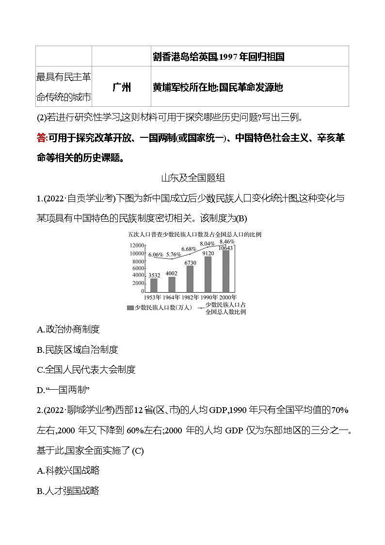 2023年山东省淄博市中考历史（部编版五四学制）一轮复习  第十八单元　民族团结与祖国统一 中考真题（教师版）第2页