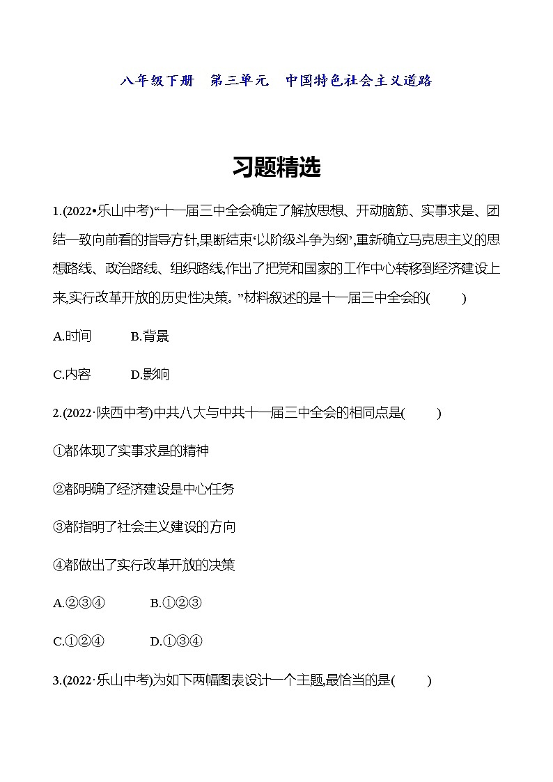 2023 中考一轮复习 初中历史 八年级下册　第三单元　中国特色社会主义道路 精选习题（学生版）第1页