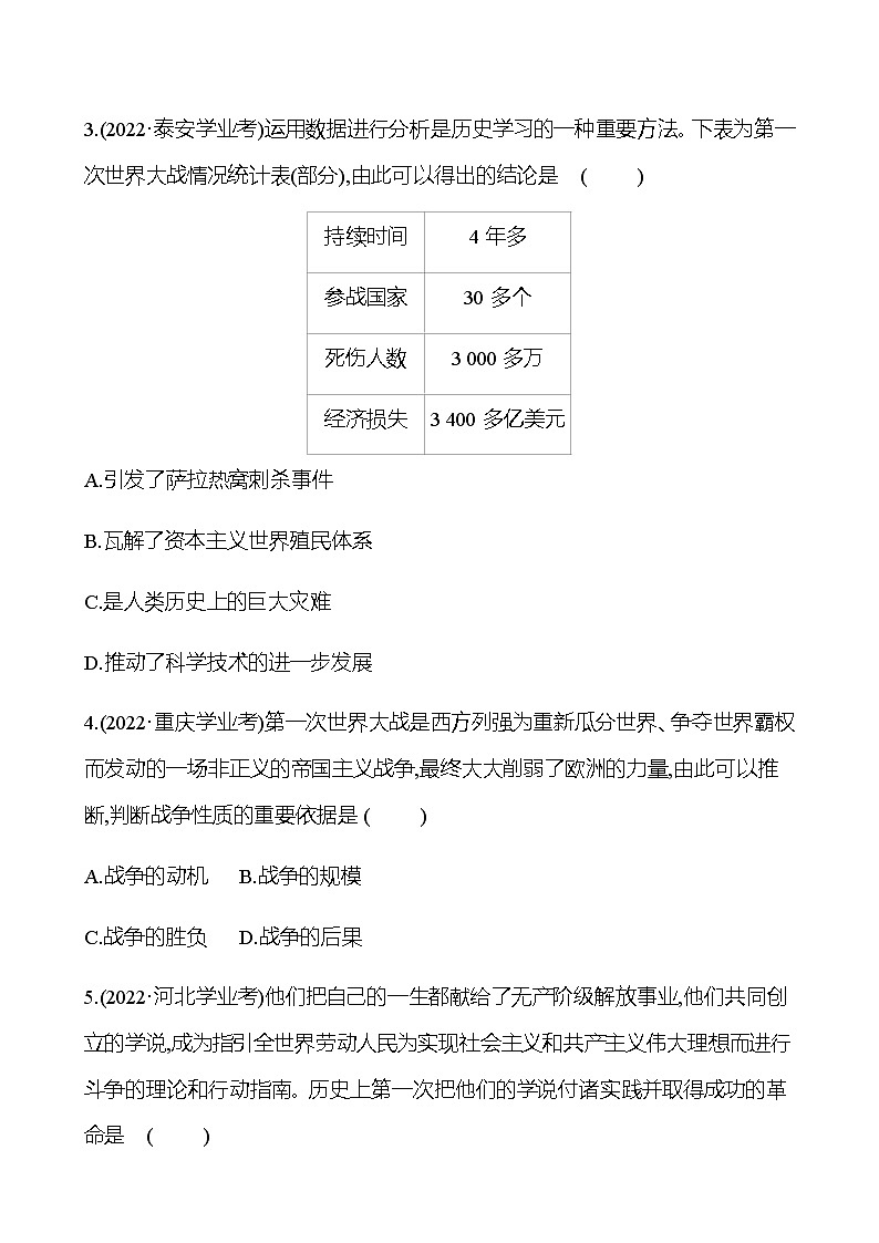 2023年中考历史（广东人教部编版）一轮复习 第二十五单元　第一次世界大战和战后初期的世界 中考真题（学生版）第2页