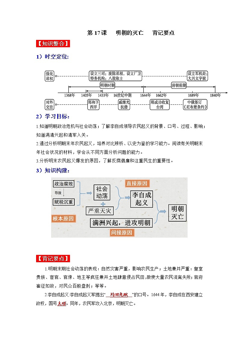 部编版七年级历史下册第17课  明朝的灭亡 课件（含视频）+教案+素材+背记要点清单+同步分层作业含解析卷01